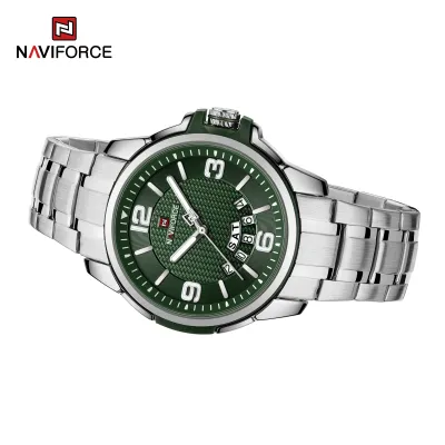 NAVIFORCE 9215 Men Wristwatch Top Brand Luxury Waterproof Watch Original Stainless Steel Sport Military Quartz Male Clock - Silver Green